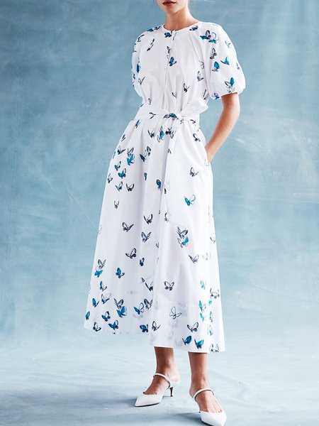 

Butterfly Elegant Short Sleeve Woven Dress, White, Maxi Dresses
