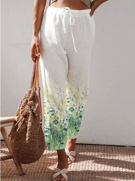 

Women Floral Vacation Pants, White, Pants