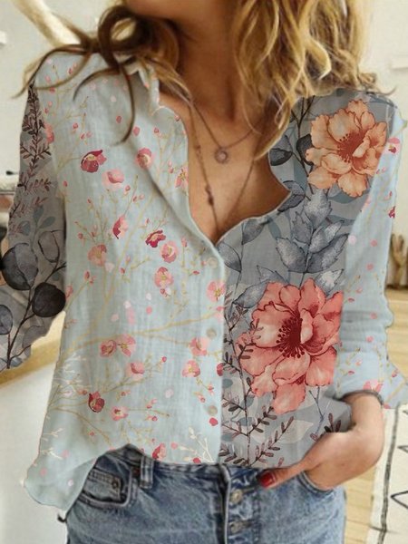 

Casual Floral Printed Long Sleeve Blouse, Gray, Shirts & Blouses