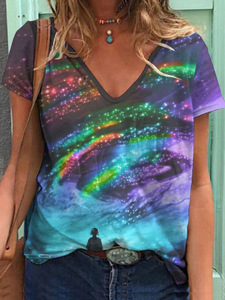 

Casual V Neck Short Sleeve T-Shirt, Blue, T-Shirts