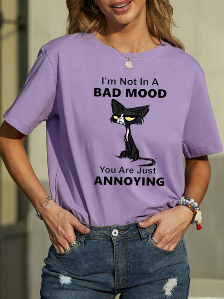 

I'm Not In A Bad Mood Cat Print Casual T-Shirt, Purple, T-shirts