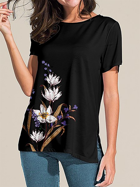 

Casual Floral Round Neck Split-Hem Short Sleeve T-Shirt, Black, Tees & T-shirts