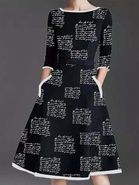 

Elegant Letter Regular Fit Half Sleeve Knit Dress, Black, Midi Dresses