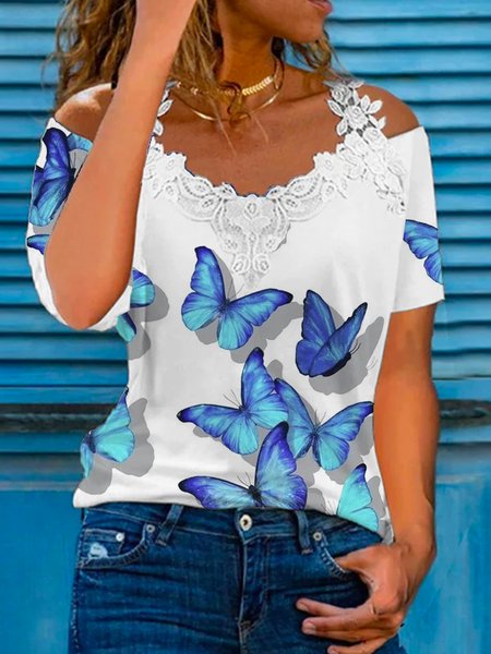 

Butterfly print lace stitching spring new hot style super nice ladies casual top, Multicolor, T-Shirts