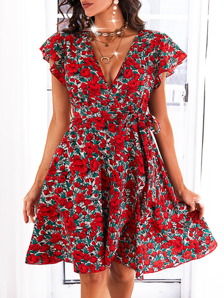 

Cotton Short Sleeve Woven Dress, Red, Dresses