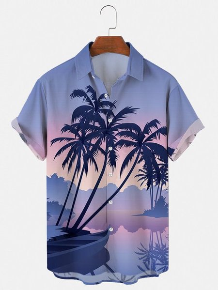 

Men's Coconut Print Casual Short Sleeve Hawaiian Shirt, Purple, Men's Floral shirt