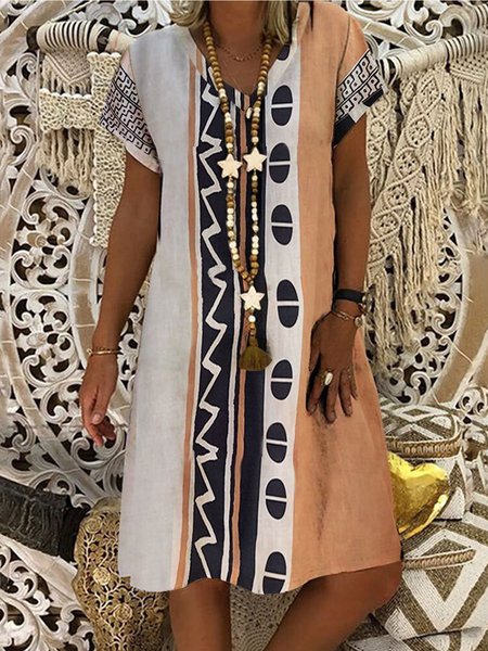 

V Neck Geometric Short Sleeve Woven Dress, Multicolor, Mini Dresses