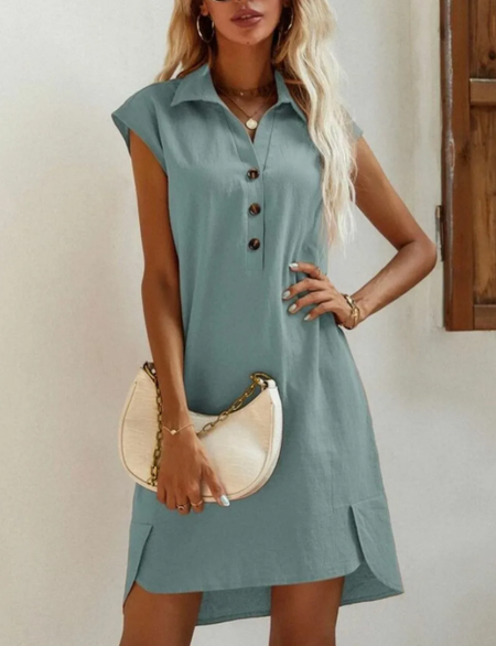 

Casual Lapel Solid Short Sleeve Woven Dress, Blue, Dresses