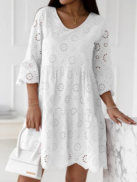 Guipure Hollow Out Short Sleeve Woven Dress, White, Mini Dresses