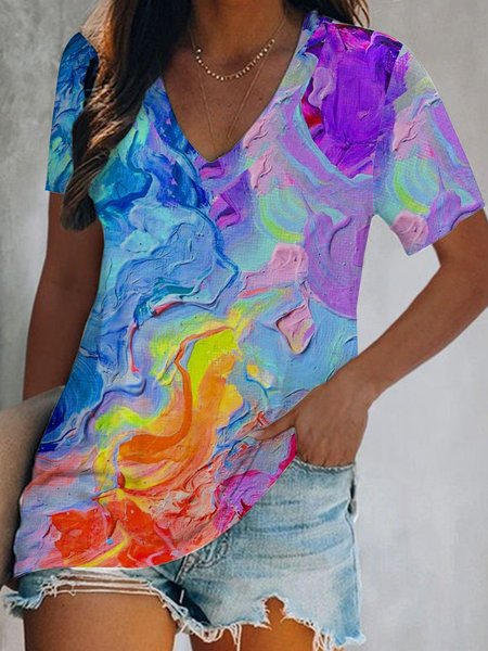

Beach Resort rainbow gradient block print loose top T-shirt Plus Size, Multicolor, T-Shirts