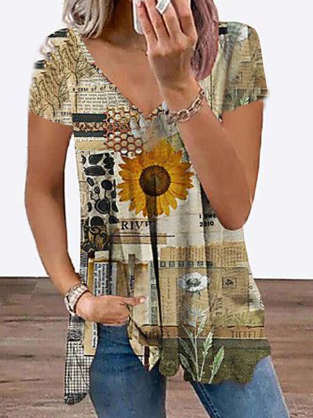 

Floral Geometric Printed Casual Loosen V Neck Tunic Short Sleeve T-Shirt, Flower, T-Shirts