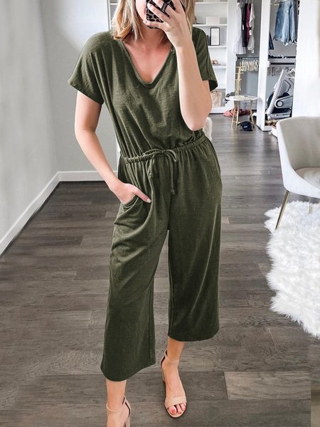 

Beach Resort plain patterned elastic waist loose Jumpsuit Plus Size, Green, Jumpsuits＆Rompers