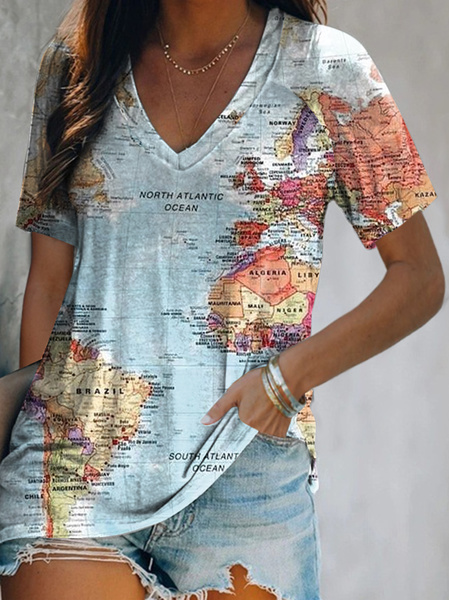 

V Neck Regular Fit Map Short Sleeve T-Shirt, Multicolor, T-Shirts