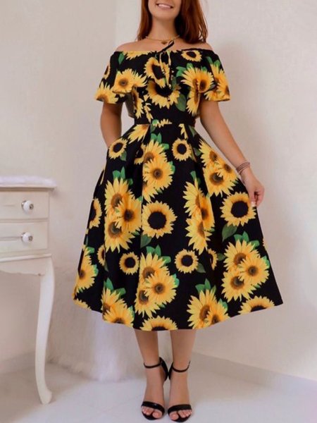 

Pastoral Sunflower Short Sleeve Woven Midi Dress, Yellow, Midi Dresses