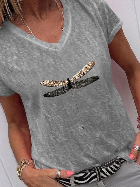 

Dragonfly V neck Short Sleeve Casual T-Shirt, Gray, T-Shirts