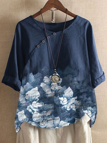 

V Neck Casual Floral Short Sleeve Tops, Blue, Shirts & Blouses