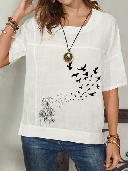 

Crew Neck Loosen Casual Short Sleeve Tops, White, T-Shirts