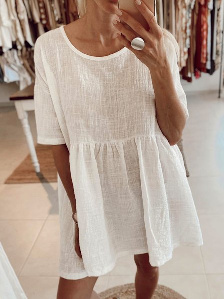 

Casual Cotton Short Sleeve Woven Dress, White, Mini Dresses