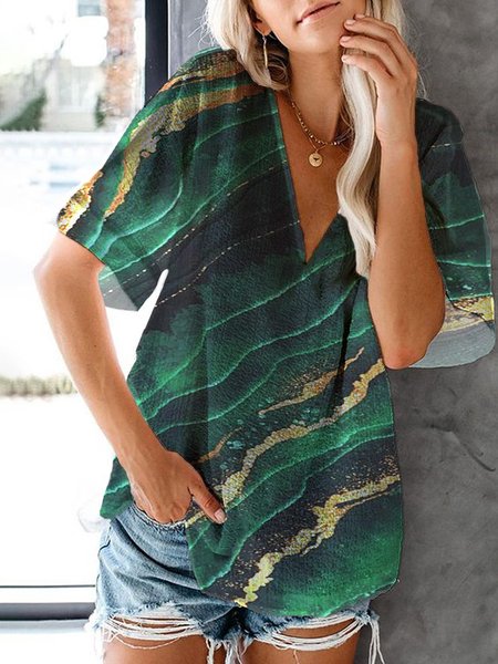 

Ombre Cotton Blends Casual Short Sleeve Tops, Green, T-Shirts