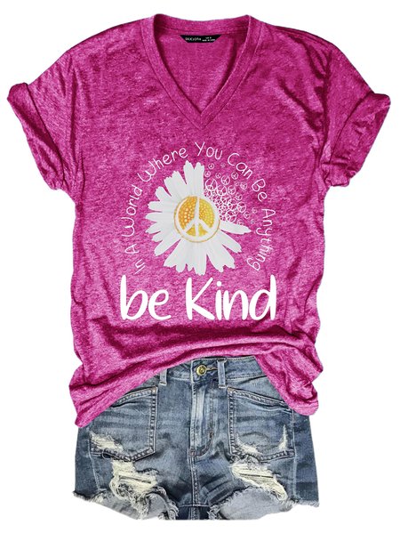 

Be Kind Letter Casual Short Sleeve T-Shirt, Rose red, T-shirts