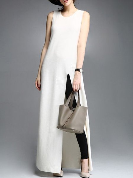 

Crew Neck Simple Slit Sleeveless Slit Top, White, Tops