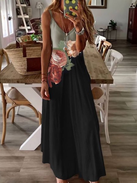 

Floral V Neck Casual Sleeveless Knit Dress, Multicolor, Maxi Dresses