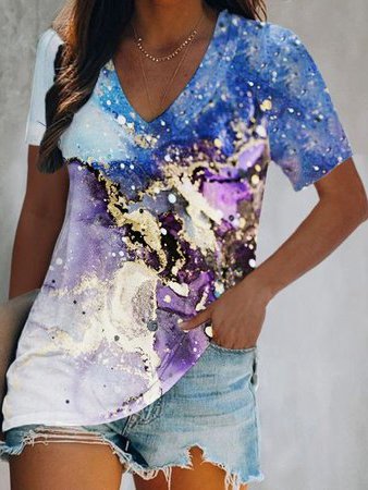 

Cotton Blends V Neck Casual Short Sleeve T-Shirt, Multicolor, T-Shirts