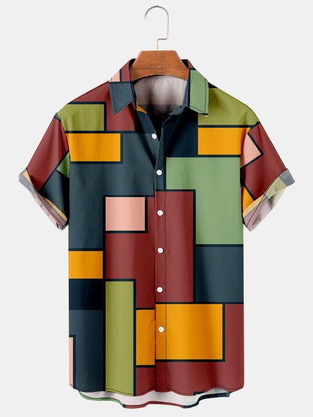 

Mens Geometric Contrast Print Casual Breathable Short Sleeve Shirt, Red, Men's Floral shirt