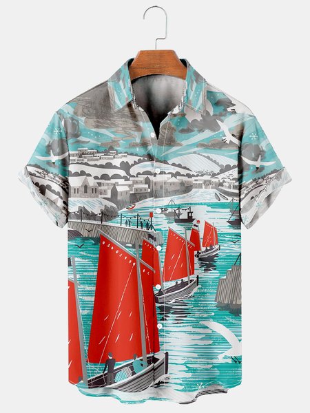 

Mens Sail Print Casual Breathable Short Sleeve Shirt, Green, Men's Floral shirt