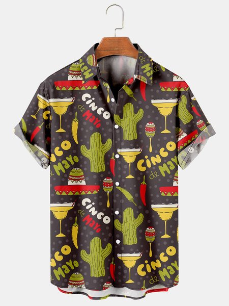 

Men's Cinco de Mayo Cactus Chili Print Casual Breathable Bowling Shirt, Green, Men's Floral shirt