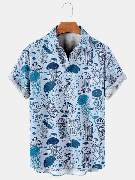 

Mens Jellyfish Print Casual Breathable Hawaiian Short Sleeve Shirt, Blue, Men's Floral shirt