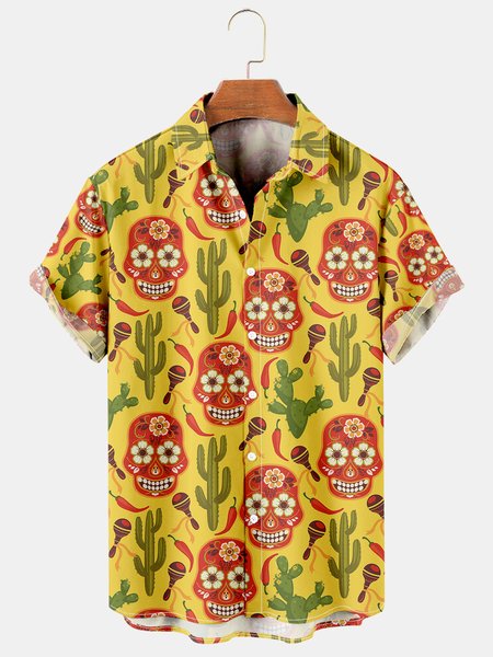 

Mens Cinco de Mayo Skull Print Casual Breathable Short Sleeve Shirt, Yellow, Men's Floral shirt