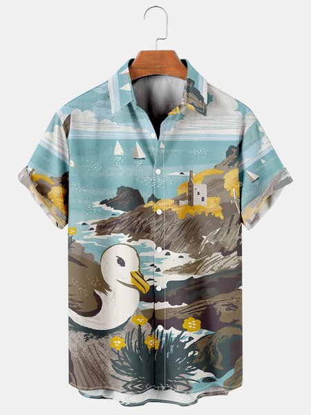 

Mens Seagull Print Casual Breathable Short Sleeve Shirt, Blue, Men's Floral shirt