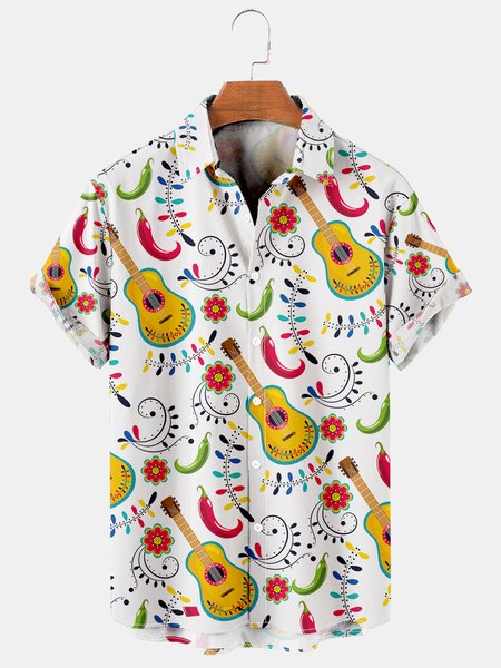 Mens Cinco de Mayo Guitar Chili Print Casual Breathable Bowling Shirt, White, Men's Floral shirt