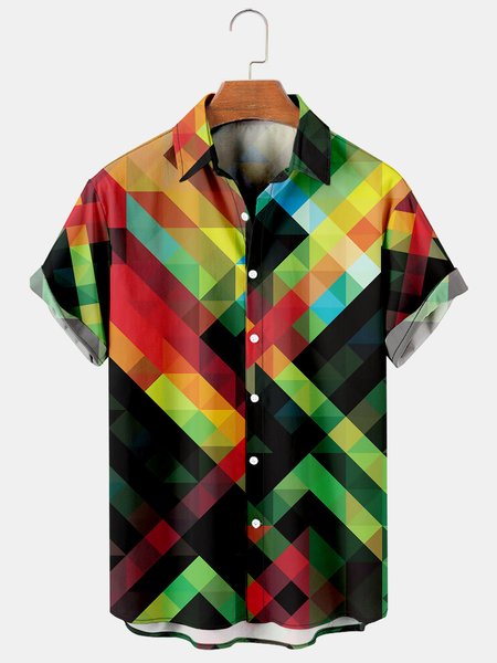 

Mens Geometric Contrast Print Casual Breathable Short Sleeve Shirt, Black, Men's Floral shirt