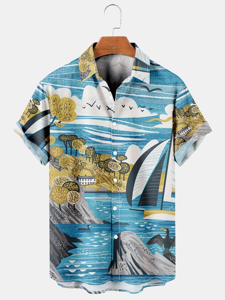 

Mens Seagull Print Casual Breathable Short Sleeve Shirt, Blue, Men's Floral shirt