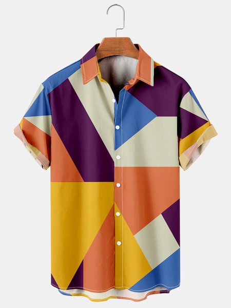 

Mens Geometric Contrast Print Casual Breathable Short Sleeve Shirt, Yellow, Men's Floral shirt