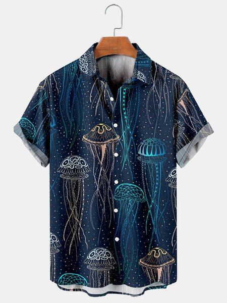 

Mens Jellyfish Print Casual Breathable Hawaiian Short Sleeve Shirt, Purplish blue, Men's Floral shirt