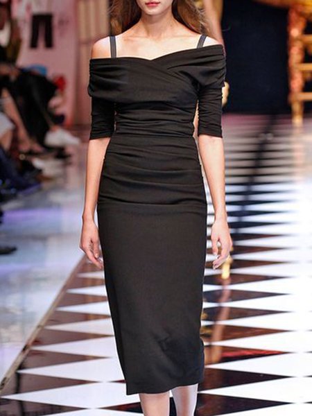 

Midi Elegant Slim Fit Short Sleeve Knit Dress, Black, Midi Dresses