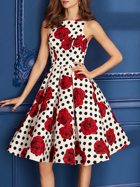 

Elegant Sleeveless Floral Short Sleeve Woven Dress, Red, Midi Dresses