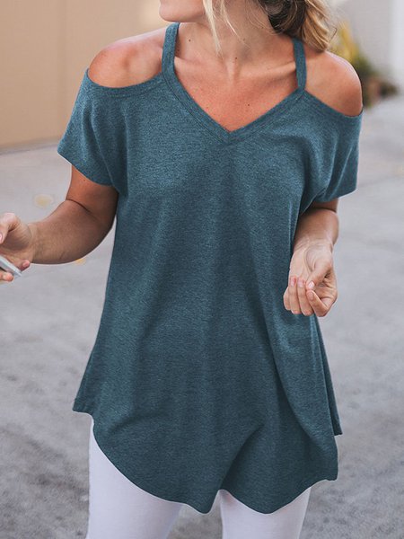 

Solid Casual Heather Off Shoulder V Neck Tunic Tops, Aqua, Tunics