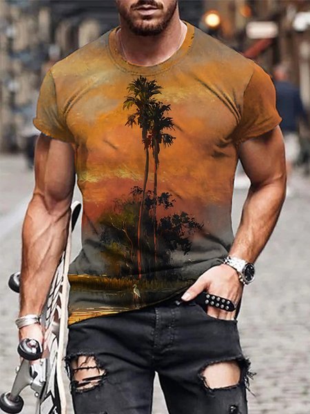 Men's Casual Coconut Short Sleeve T-Shirt, As picture, T-Shirts