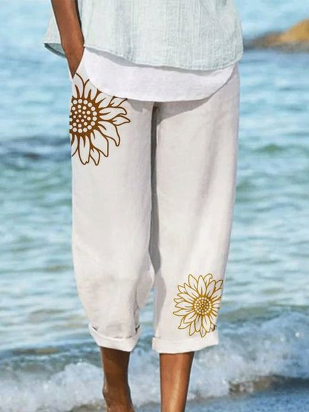 

Casual Floral Printed Loosen Linen Pockets Cropped Pants, White, Pants