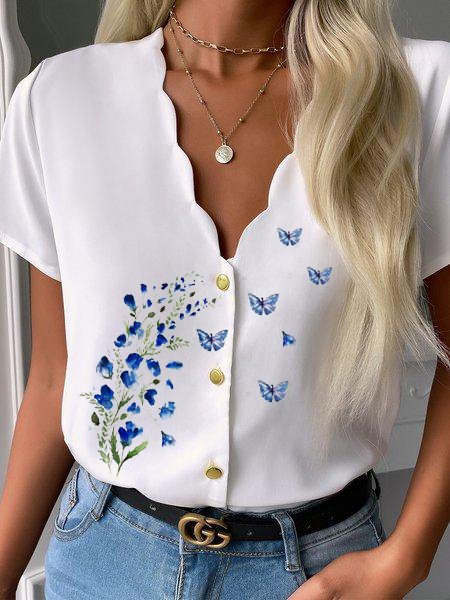 

Romantic Butterfly Floral Printed Casual Loosen V Neck Short Sleeve Blouse, White, Blouses & Shirts