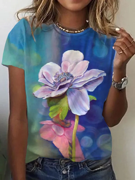 

Casual Crew Neck Loosen Short Sleeve T-Shirt, Blue, T-Shirts