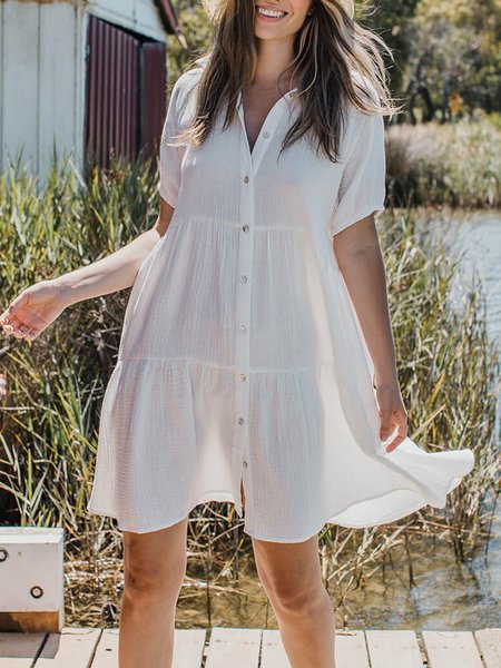 

Casual Loosen Buttoned Cotton Short Sleeve A-line Dress, White, Mini Dresses