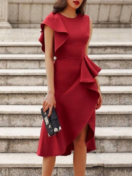 

Regular Fit Elegant Solid Midi Dress, Red, Midi Dresses