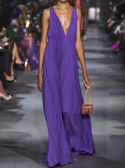 

Elegant Plain Cotton Short Sleeve Women Dress, Purple, Maxi Dresses