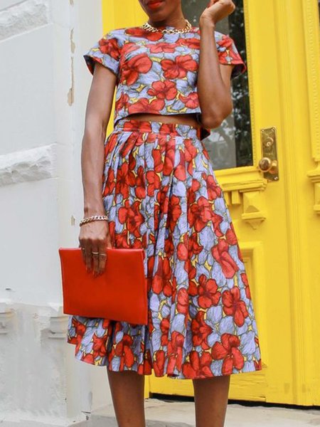 

Floral Short sleeve Crew Neck Two Piece Set, Red, Dress&Skirts Set