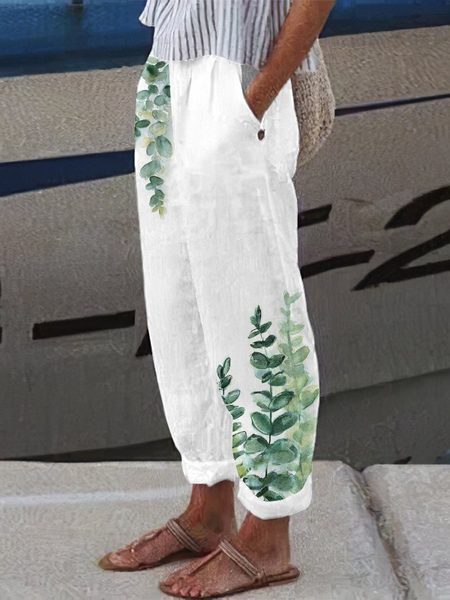 

Fresh Leaf Print Women's Casual Loose Pants, White, Pants